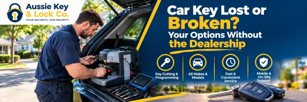Mobile locksmith cutting and programming a replacement car key after a lost or broken car key.