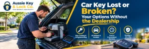 Mobile locksmith cutting and programming a replacement car key after a lost or broken car key.