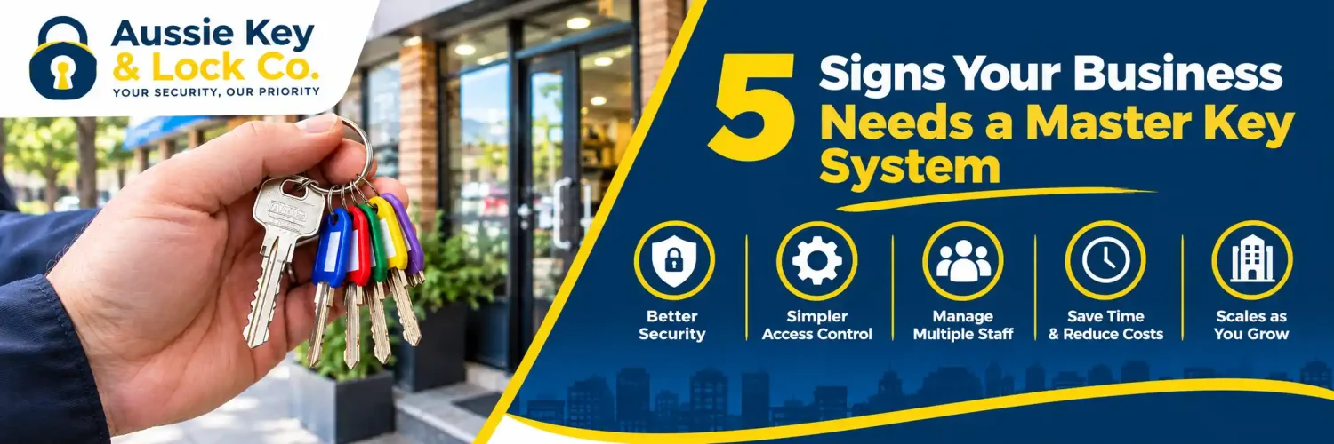 Hand holding a bunch of color-coded keys outside a business storefront, illustrating scattered key management